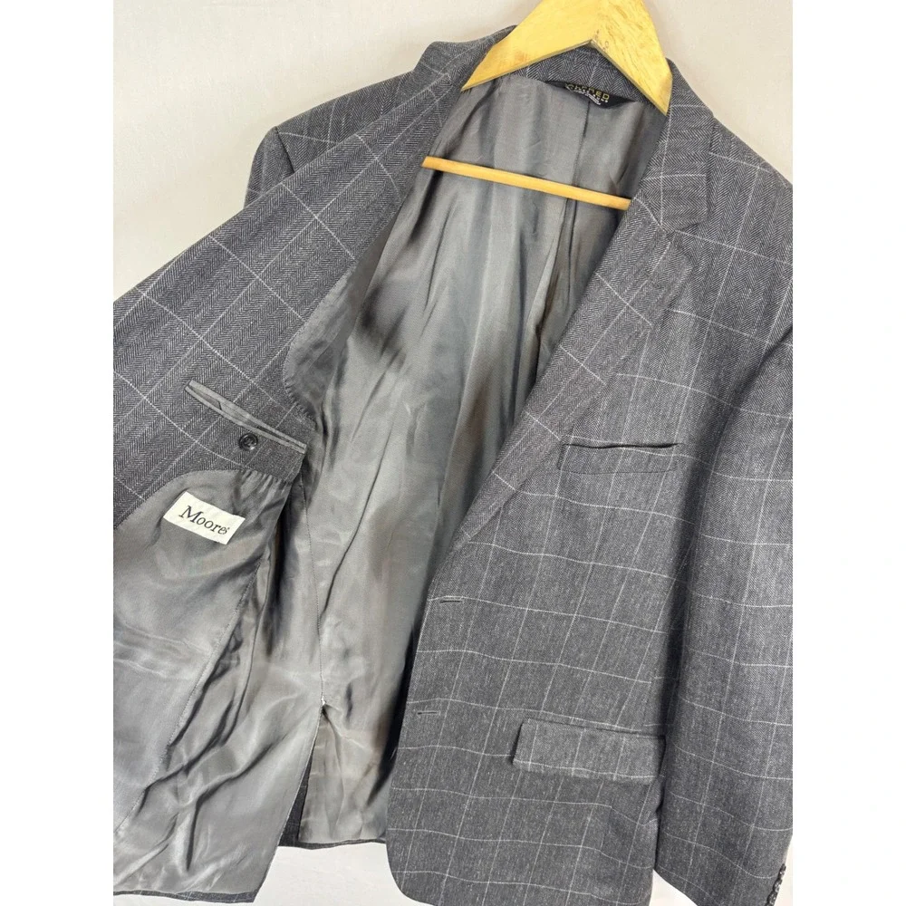 Alfred Sung Mens Grey Windowpane Wool‎ Silk Linen Blend Blazer Jacket 44 X-Long